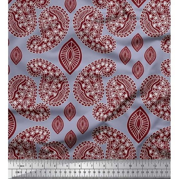 Soimoi Grey Velvet Fabric Maroon Paisley Printed Fabric 1 Yard 58 Inch Wide