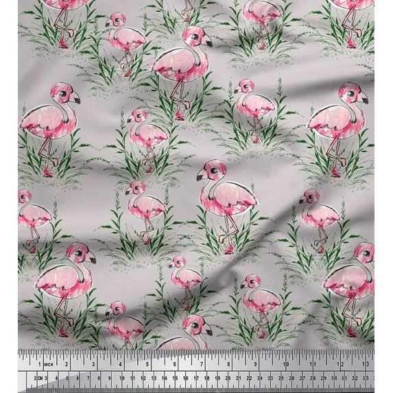 Soimoi Grey Viscose Chiffon Fabric Grass & Flamingo Bird Printed Fabric 1 Yard 42 Inch Wide