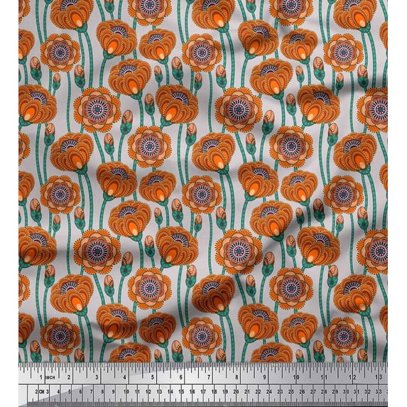 Soimoi Grey polyester Crepe Fabric Artistic Floral Print Fabric by the Yard 42 Inch Wide