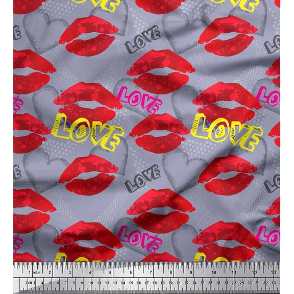 Soimoi Grey polyester Crepe Fabric Text,Lips & Heart Print Fabric by Yard 42 Inch Wide
