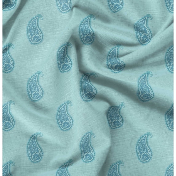 Soimoi Japan Crepe Satin Blue Fabric By the Yard - 54 Inch Wide - Leaves Paisley Botanical Charm - Nature's Beauty Enhanced with Paisley Patterns and Leaves Printed Fabric
