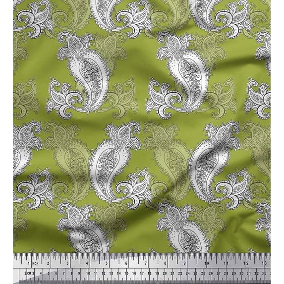 Soimoi Japan Crepe Satin Fabric Black Sketch Paisley Print Sewing Fabric Yard 42 Inch Wide