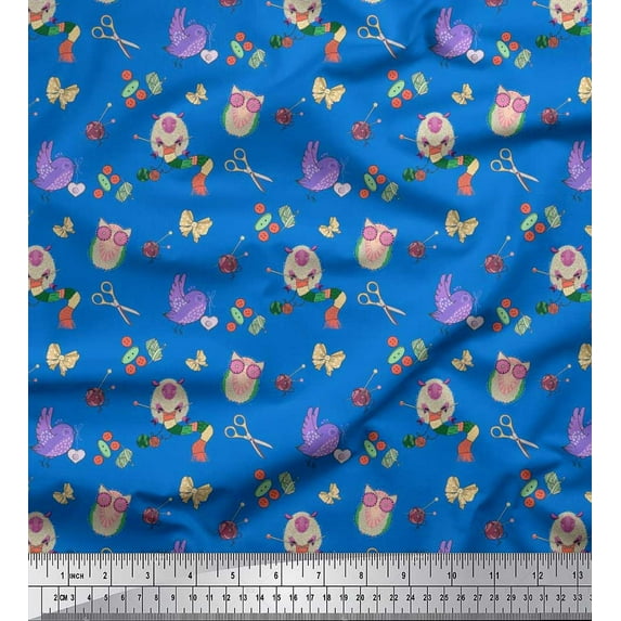 Soimoi Japan Crepe Satin Fabric Buttons,Sheep & Owl Kids Print Fabric by Yard 42 Inch Wide