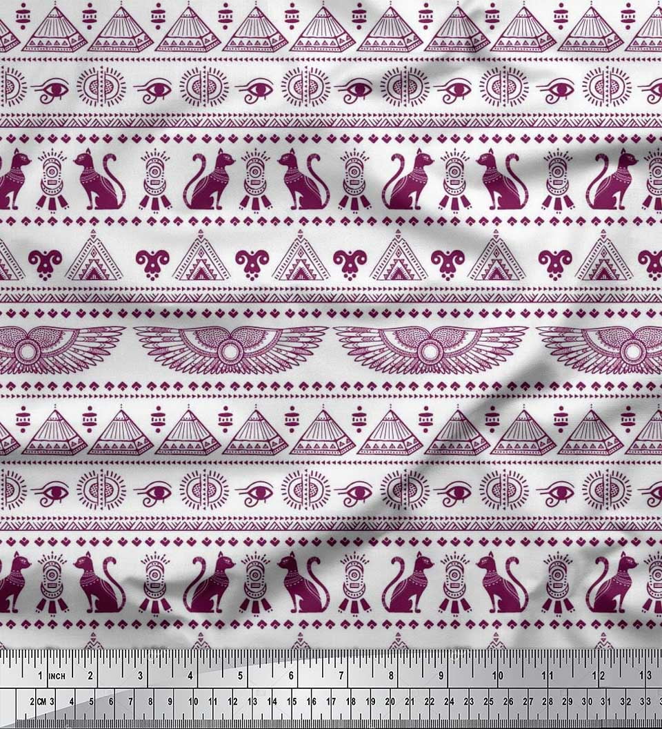 Soimoi Japan Crepe Satin Fabric Cat,Pyramids & Wings Egyptian Print ...