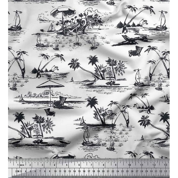 Soimoi Japan Crepe Satin Fabric Chair,Palm Tree & Yacht Beach Print Fabric by The Yard 42 Inch Wide
