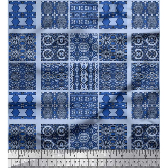 Soimoi Japan Crepe Satin Fabric Check & Mosaic Patchwork Printed Fabric 1 Yard 42 Inch Wide