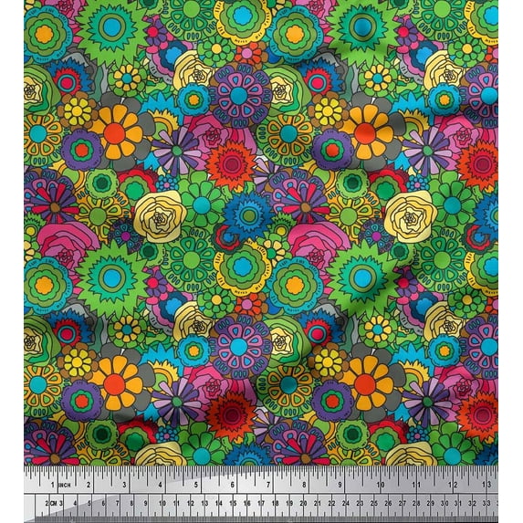 Soimoi Japan Crepe Satin Fabric Colorful Flowers Clip Art Decor Fabric Printed Yard 42 Inch Wide