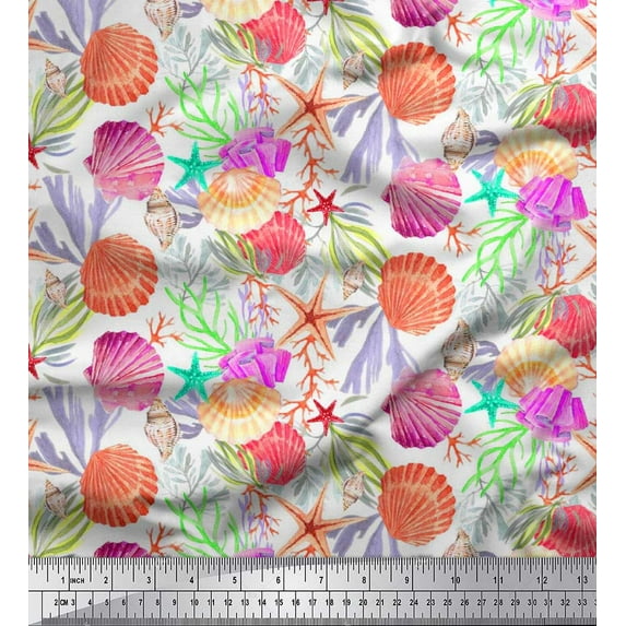 Soimoi Japan Crepe Satin Fabric Coral,Starfish & Sea Shell Ocean Printed Craft Fabric by The Yard 42 Inch Wide