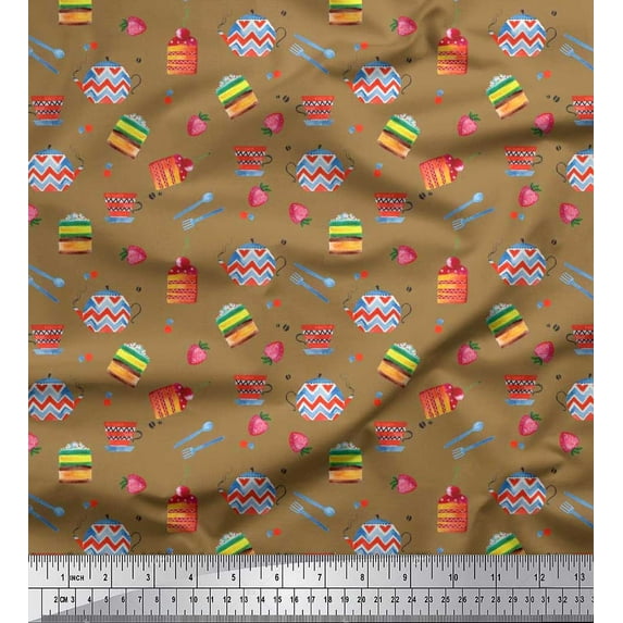 Soimoi Japan Crepe Satin Fabric Cup,Kettle & Cake Slice Food Fabric Prints by Yard 42 Inch Wide