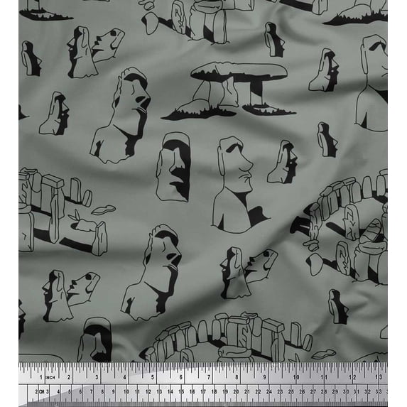 Soimoi Japan Crepe Satin Fabric Easter Island Statue Face Print Sewing Fabric Yard 42 Inch Wide