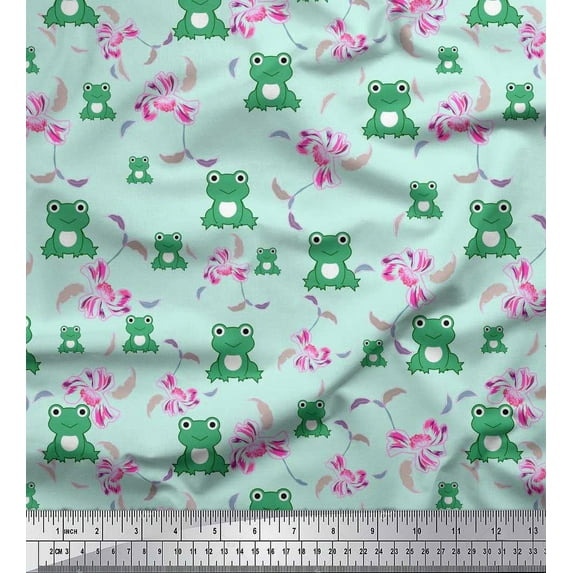 Soimoi Japan Crepe Satin Fabric Floral & Frog Cartoon Fabric Prints by Yard 42 Inch Wide