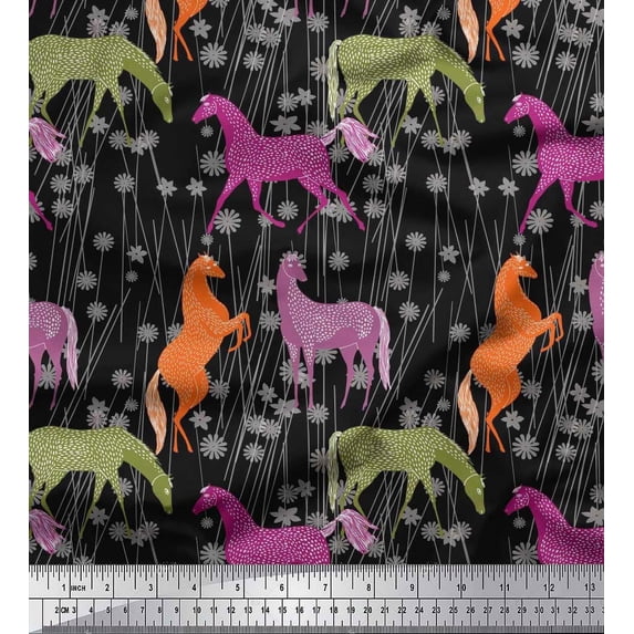 Soimoi Japan Crepe Satin Fabric Floral & Horse Animal Print Fabric by Yard 42 Inch Wide