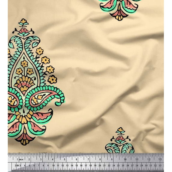 Soimoi Japan Crepe Satin Fabric Floral & Paisley Block Print Fabric by The Yard 42 Inch Wide