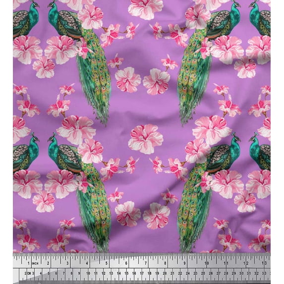 Soimoi Japan Crepe Satin Fabric Floral & Peacock Bird Fabric Prints by Yard 42 Inch Wide
