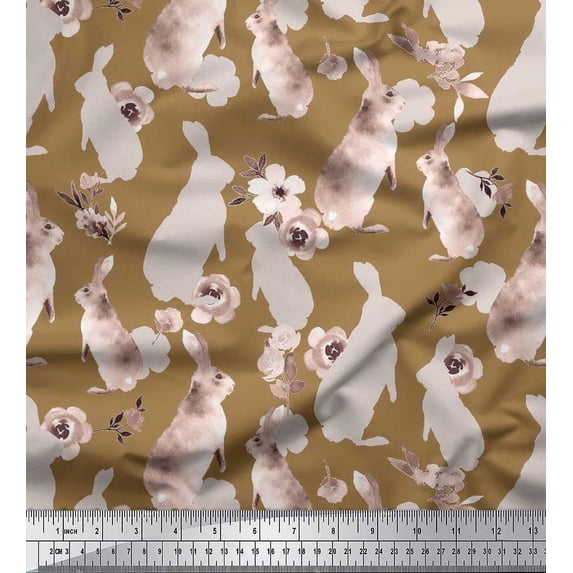 Soimoi Japan Crepe Satin Fabric Floral & Rabbit Kids Printed Craft Fabric by The Yard 42 Inch Wide