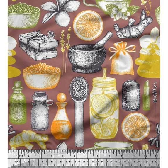 Soimoi Japan Crepe Satin Fabric Ginger,Jar & Mortar and Pestle Kitchen Print Sewing Fabric Yard 42 Inch Wide