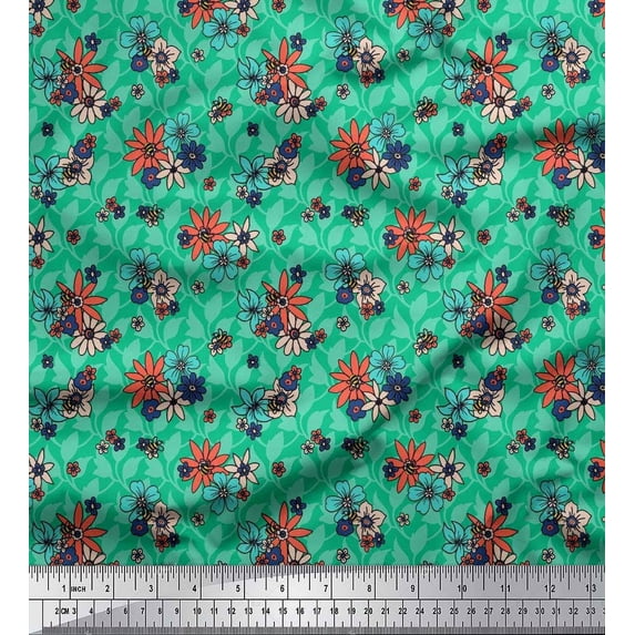 Soimoi Japan Crepe Satin Fabric Honey Bee & Floral Artistic Fabric Prints by Yard 42 Inch Wide