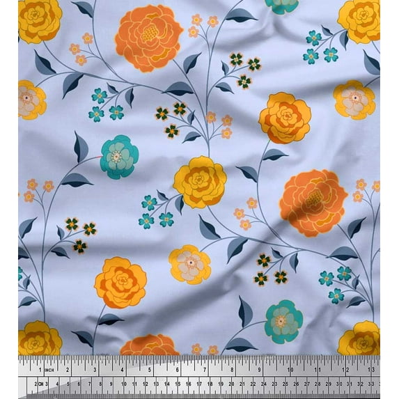 Soimoi Japan Crepe Satin Fabric Leaves & Camellias Floral Print Fabric by The Yard 42 Inch Wide