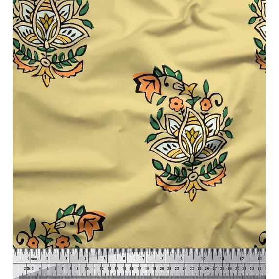 Soimoi Japan Crepe Satin Fabric Leaves & Floral Block Print Fabric by The Yard 42 Inch Wide