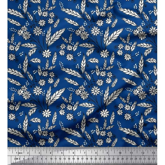 Soimoi Japan Crepe Satin Fabric Leaves & Floral Block Print Fabric by Yard 42 Inch Wide