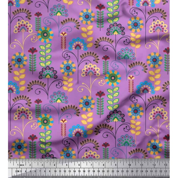 Soimoi Japan Crepe Satin Fabric Leaves & Floral Clip Art Print Sewing Fabric Yard 42 Inch Wide