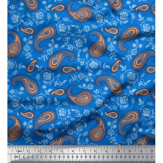 Soimoi Japan Crepe Satin Fabric Leaves & Floral Paisley Print Sewing Fabric Yard 42 Inch Wide