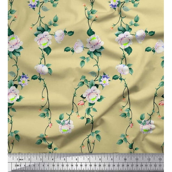 Soimoi Japan Crepe Satin Fabric Leaves & Peony Floral Print Sewing Fabric Yard 42 Inch Wide