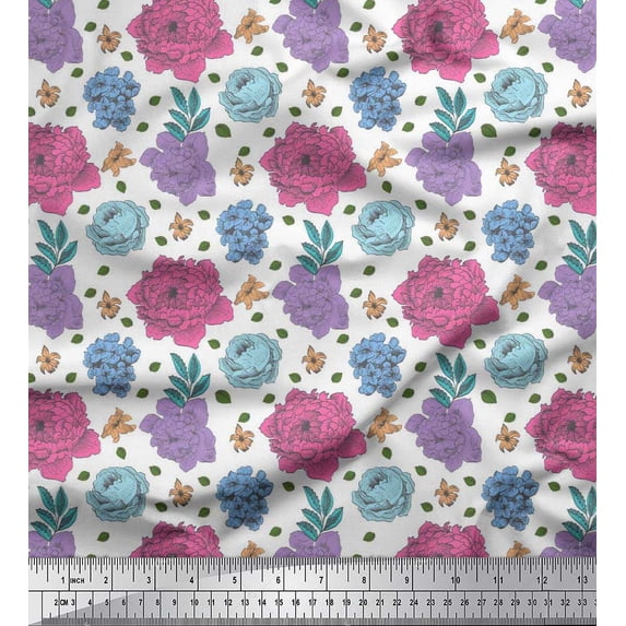 Soimoi Japan Crepe Satin Fabric Leaves,Periwinkle & Peony Floral Print Fabric by the Yard 42 Inch Wide