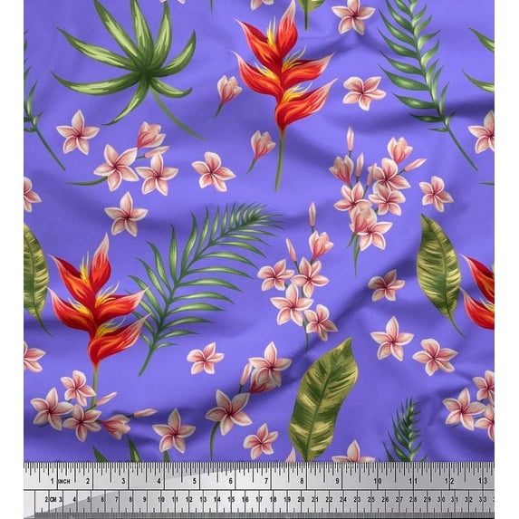 Soimoi Japan Crepe Satin Fabric Leaves & Plumeria Floral Decor Fabric Printed Yard 42 Inch Wide