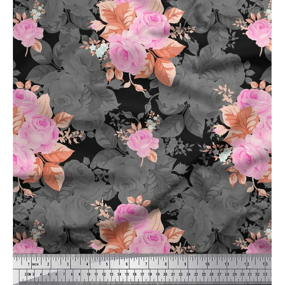 Soimoi Japan Crepe Satin Fabric Leaves & Rose Floral Decor Fabric Printed Yard 42 Inch Wide
