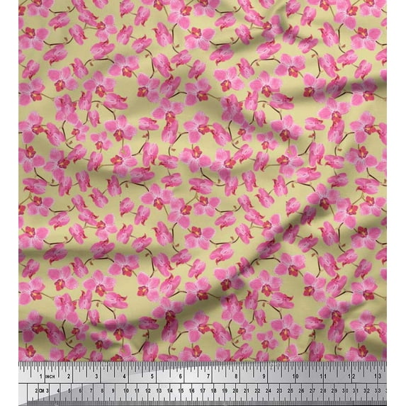 Soimoi Japan Crepe Satin Fabric Orchid Floral Print Sewing Fabric Yard 42 Inch Wide