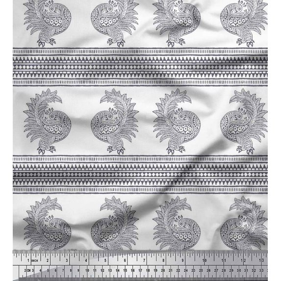 Soimoi Japan Crepe Satin Fabric Peacock Block Print Fabric by The Yard 42 Inch Wide