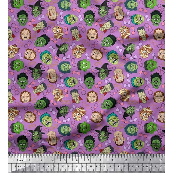 Soimoi Japan Crepe Satin Fabric Specs,Bow & Witch Face Halloween Printed Fabric 1 Yard 42 Inch Wide