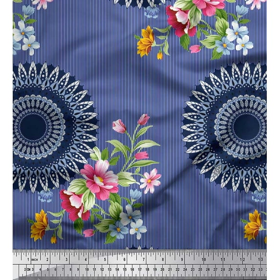 Soimoi Japan Crepe Satin Fabric Stripe,Floral & Mandala Print Fabric by Yard 42 Inch Wide