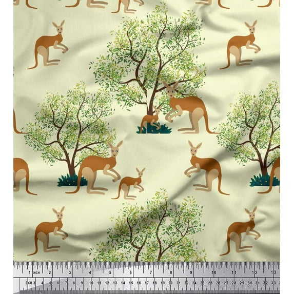Soimoi Japan Crepe Satin Fabric Tree & Kangaroo Animal Printed Craft Fabric by The Yard 42 Inch Wide