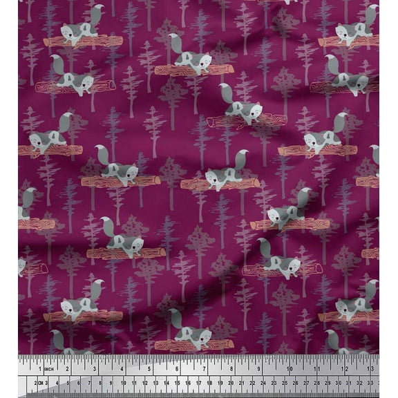 Soimoi Japan Crepe Satin Fabric Tree & Sloth Cartoon Print Fabric by The Yard 42 Inch Wide