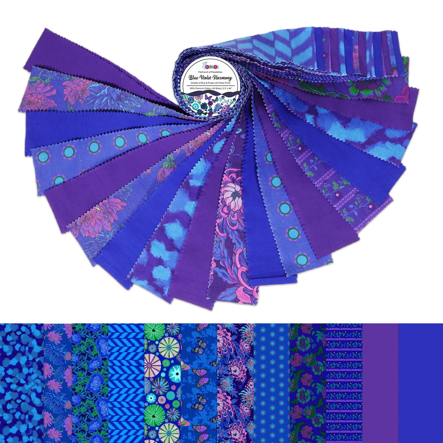 Soimoi Jelly Roll 40 Strip Assorted Bundle, Fabric Strips for Quilting, Crafting, 100% Cotton Fabric Jelly Roll Bundle For Scrapbooking, Precut Quilt Projects, DIY Crafts- Blue Violet Harmony