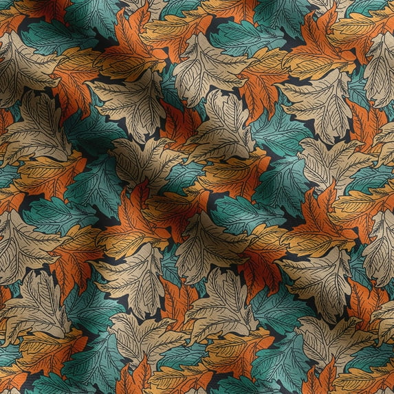 Soimoi Leaves Printed, Cotton Fleece, Fabric by The Yard Sewing DIY Stretch Fabric 56 Inches Wide, WarmFabric for Hats, Coats, Gloves, Blankets, Green & Orange