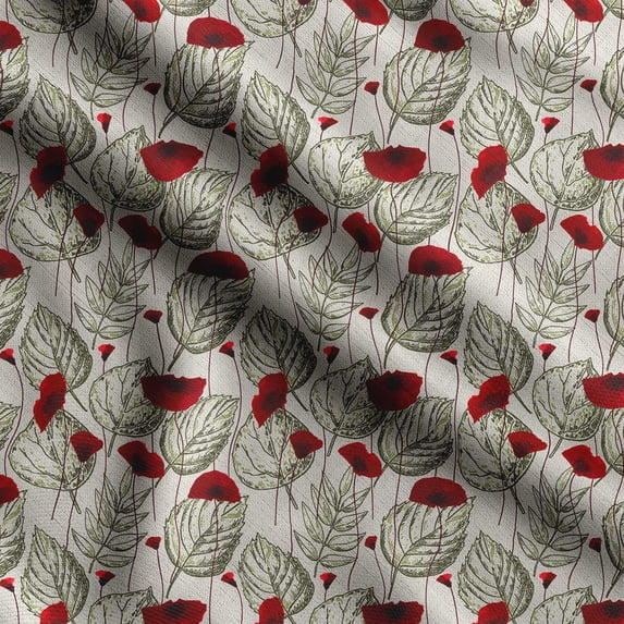 Soimoi Leaves Printed, Japan Crepe SatinFabric, by The Yard 54 Inch Wide, Decorative Sewing Fabric for Dresses Kimonos Gowns, Red
