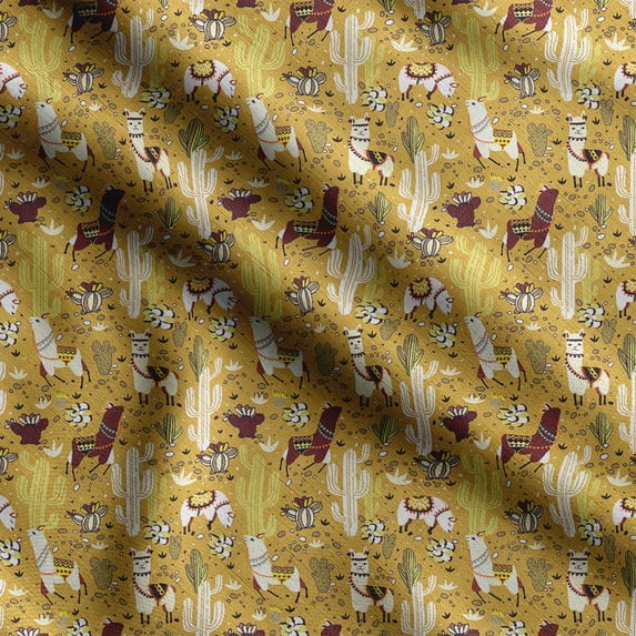 Soimoi Llama Alpaca Print, Poly Taffeta Fabric, Decor Sewing Fabric by The Yard 56 Inch Wide, Decorative Fabric for Outdoor Upholstery, Umbrellas and Home Accents, Mustard Yellow