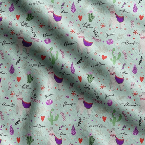 Soimoi Llama Alpaca Printed, Cotton Satin Spandex, Sewing Fabric by The Yard 54 Inch Wide, Decorative Fabric for Dresses and Home Accents, Mint Green & Purple