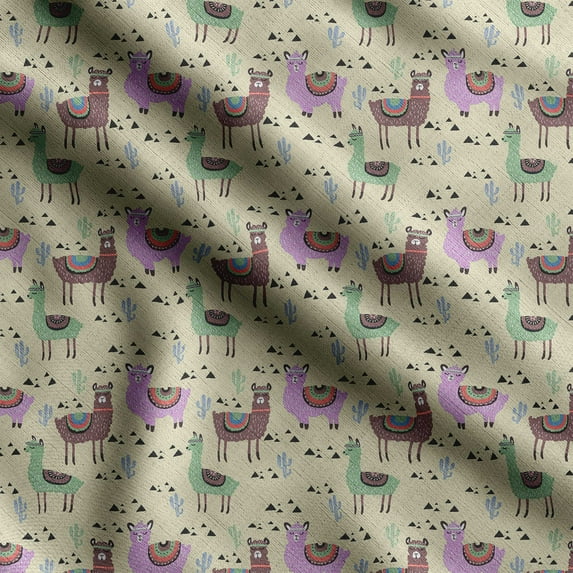 Soimoi Llama Alpaca Printed, Cotton Satin Spandex, Sewing Fabric by The Yard 54 Inch Wide, Decorative Fabric for Dresses and Home Accents, Beige