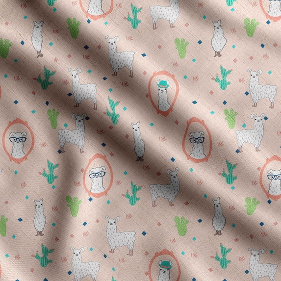 Soimoi Llama Alpaca Printed, Cotton Satin Spandex, Sewing Fabric by The Yard 54 Inch Wide, Decorative Fabric for Dresses and Home Accents, Peach
