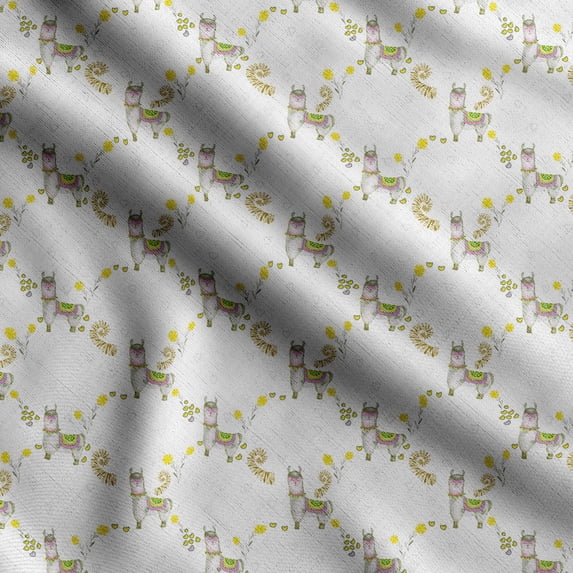 Soimoi Llama Alpaca Printed, Japan Crepe SatinFabric, by The Yard 54 Inch Wide, Decorative Sewing Fabric for Dresses Kimonos Gowns, Light Green & White