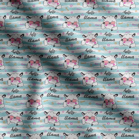 Soimoi Llama Alpaca Printed, Japan Crepe SatinFabric, by The Yard 54 Inch Wide, Decorative Sewing Fabric for Dresses Kimonos Gowns, Sky Blue & Red