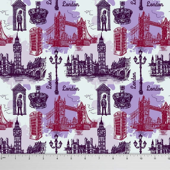 Soimoi London Theme Architectural Print 115 GSM 58 Inches Wide Viscose Rayon Fabric By The Yard - Light Purple