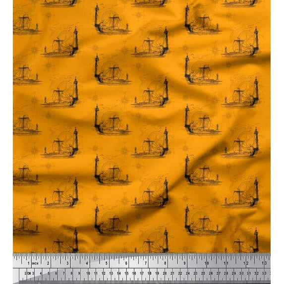 Soimoi Modal Satin Fabric Direction Compass,Lighthouse & Yacht Nautical Decor Fabric Printed Yard 42 Inch Wide