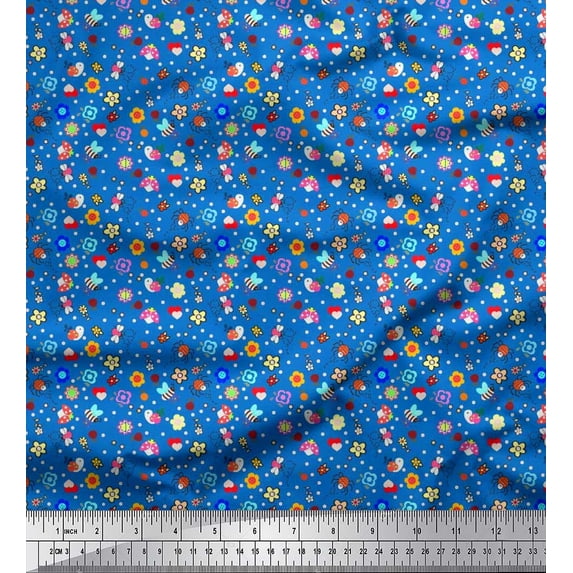 Soimoi Modal Satin Fabric Dot,Floral & Insect Clip Art Print Fabric by The Yard 42 Inch Wide