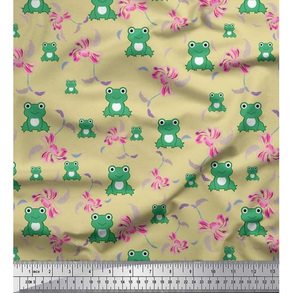 Soimoi Modal Satin Fabric Floral & Frog Cartoon Fabric Prints by Yard 42 Inch Wide