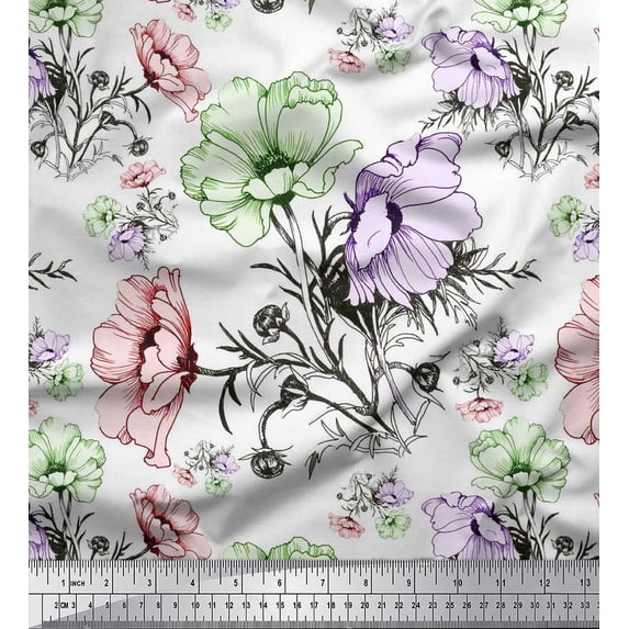Soimoi Modal Satin Fabric Leaves & Anemone Flower Decor Fabric Printed Yard 42 Inch Wide